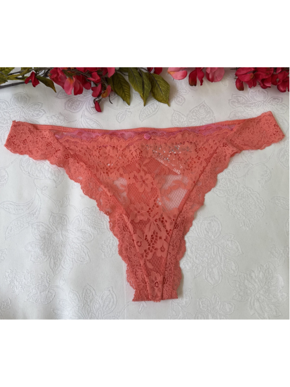 VICTORIA'S SECRET XL CORAL LACE PINK TRIM STRING THONG PANTIES NWT